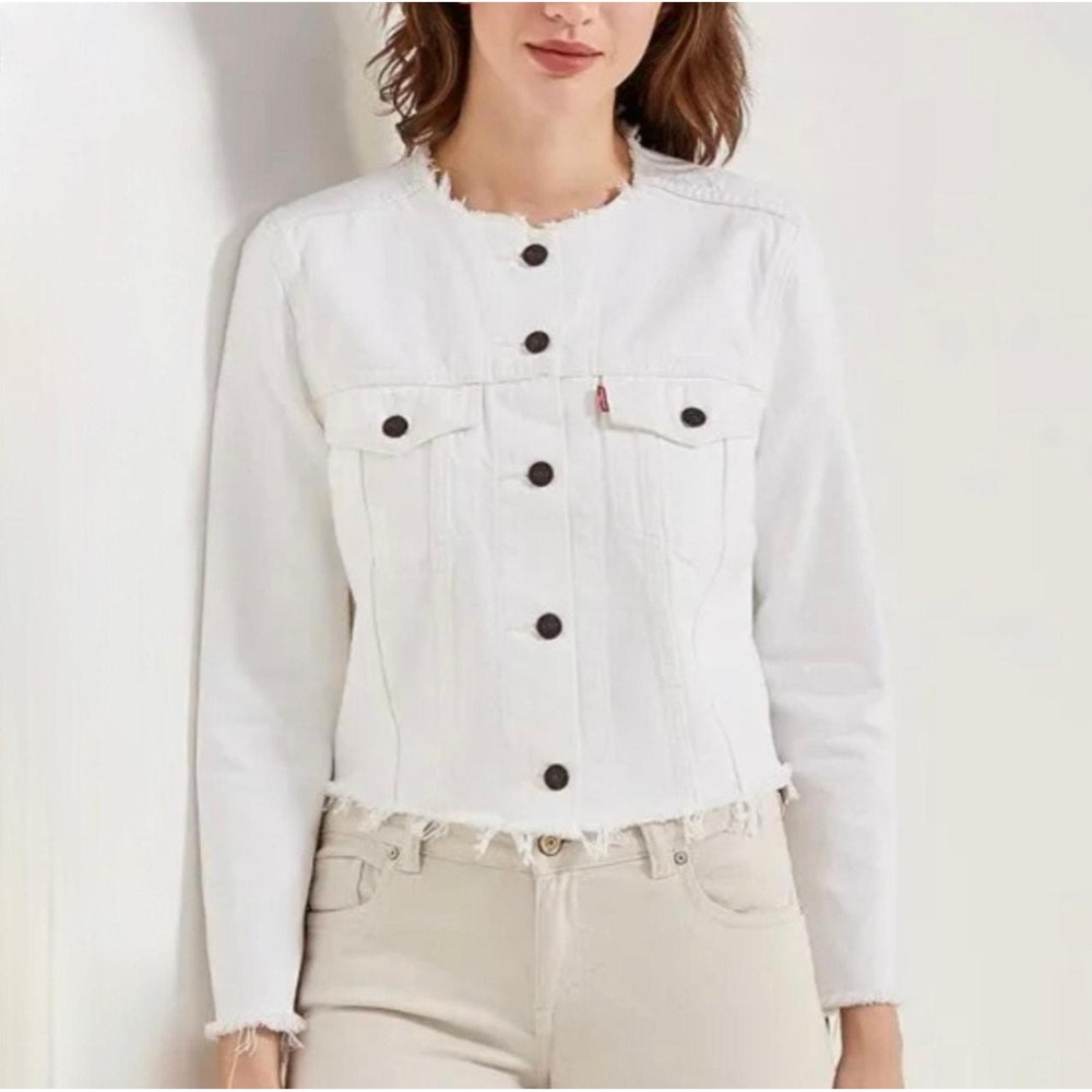 Levis Altered Trucker Jacket White Denim Collarless Raw Hem Zip Sleeve Small